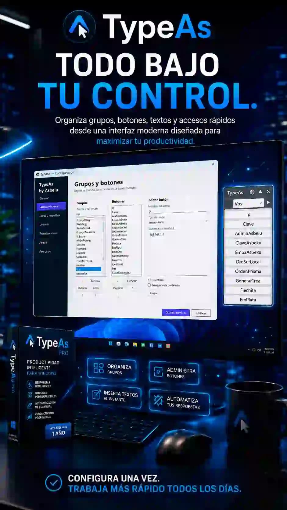 TypeAs organiza accesos y textos frecuentes en una barra compacta